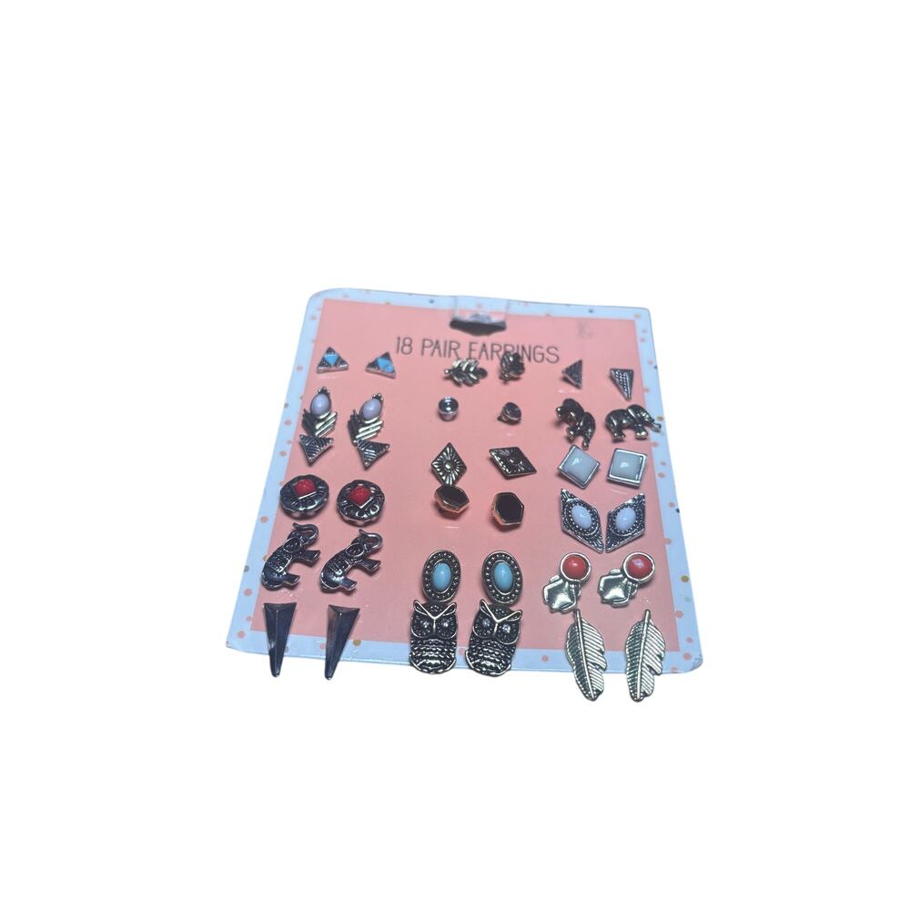18 Pair Earring Set Silver Tone‎ Boho Owl Feather Triangle Elephant Studs